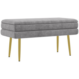 Banquette coffre de rangement velours JULIETTE gris clair et doré