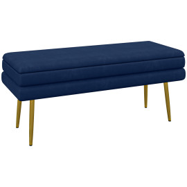 Banquette coffre de rangement velours CLARA bleu marine et doré