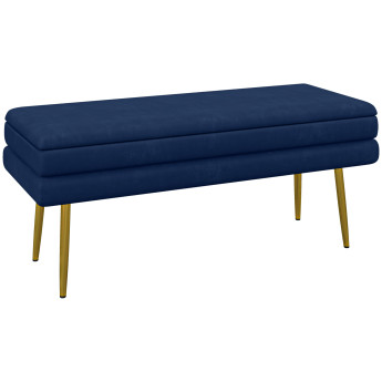 Banquette coffre de rangement velours CLARA bleu marine et doré