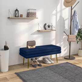 Banquette coffre de rangement velours CLARA bleu marine et doré
