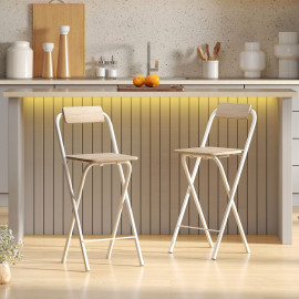 Lot de 2 tabourets de bar pliants ELOÏSE blanc et bois clair