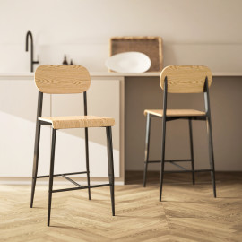 Lot de 2 chaises de bar design EMILE effet bois clair