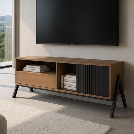 Meuble TV HWC-O40 meuble TV bas porte coulissante compartiments de rangement tiroir MDF métal mélamine 49 x 120