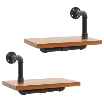 Lot de 2 étagères murales HWC-N29 étagère suspendue étagère à livres structure 3D acier industriel bois massif 29x45x2