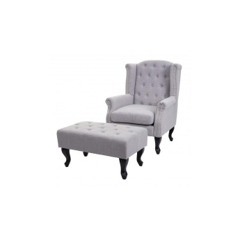 Fauteuil de luxe Chesterfield, fauteuil à oreilles, tissu hydrofuge - gris sans ottomane