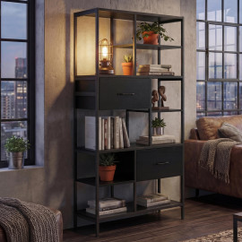 Étagère HWC-P11, étagère bibliothèque étagère sur pied, tiroirs industriel MDF métal mélamine 150x81x33cm- noir