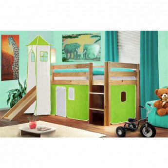 Lit surélevé d'enfant avec tour et toboggan bois de pin massif verni en couleur naturelle – Vert/Blanc