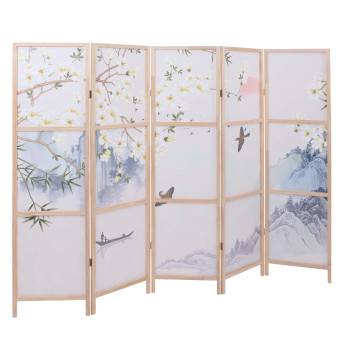 Paravent HWC-O70, cloison de séparation, protection visuelle, séparation de pièce, motifs naturels, bois, MVG, polyéthyl