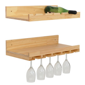 Lot de 2 casiers à vin HWC-P22, porte-verres/bouteilles Bar mural pour 6 bouteilles/15 verres Bois certifié MVG 61 x 28