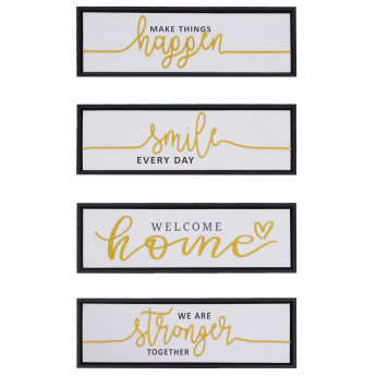 Lot de 4 tableaux muraux HWC-N96, décoration murale cadres photo citations Smile Home, bois toile 15x45cm