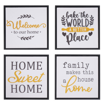 Lot de 4 tableaux muraux HWC-N96, décoration murale cadres photo citations Sweet Home Welcome World Family, toile en boi