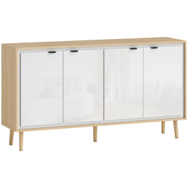Buffet style nordique 4 portes avec étagères FATINA blanc brillant et effet bois clair