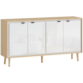 Buffet style nordique 4 portes avec étagères FATINA blanc brillant et effet bois clair