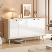 Buffet style nordique 4 portes avec étagères FATINA blanc brillant et effet bois clair