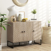 Buffet design à chevrons avec étagères GOUVELA effet chêne clair