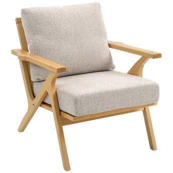 Fauteuil lounge nordique QORTOQ bois d’hévéa et tissu beige