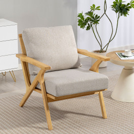 Fauteuil lounge nordique QORTOQ bois d’hévéa et tissu beige
