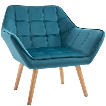 Fauteuil salon scandinave TASIILAQ bois et velours bleu canard