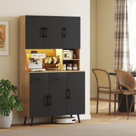 Buffet haut armoire de cuisine lumineux FORKAN effet bois clair