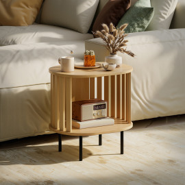 Bout de canapé design à lattes LONEL noir et effet bois naturel