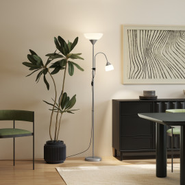 Lampadaire 2 têtes base métal MARIANA argent et blanc