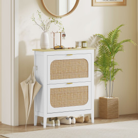 Meuble à chaussures bohème chic rotin VANESS blanc et chêne