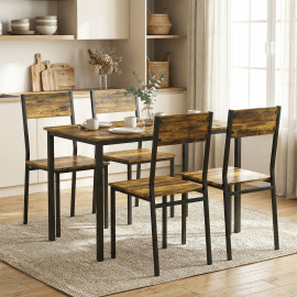 Table à manger Elvaris avec 4 chaises design industriel espace optimisé brun rustique et noir