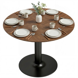 Table à manger ronde Bravelle élégante effet bois noyer acier noir design spacieuse 6 personnes