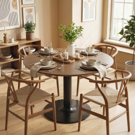 Table à manger ronde Bravelle élégante effet bois noyer acier noir design spacieuse 6 personnes