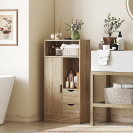 Meuble bas salle de bain Kalyan rangement étagères tiroirs effet bois naturel clair design moderne sécurisé
