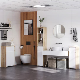 Meuble bas salle de bain Nexora rangement élégant compact blanc naturel 2 portes tiroir étagère