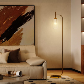 Lampadaire Quantis design rétro élégant salon chambre métal doré abat-jour verre texturé ambiance moderne