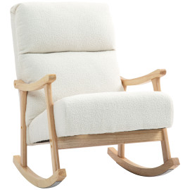 Fauteuil à Bascule Novyx Confort Moelleux Style Nordique Velours Teddy Bois Hévéa Crème