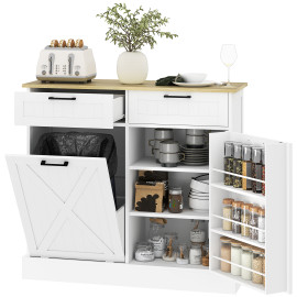 Buffet Luxera meuble cuisine rangement poubelle intégré blanc effet bois clair pratique et élégant
