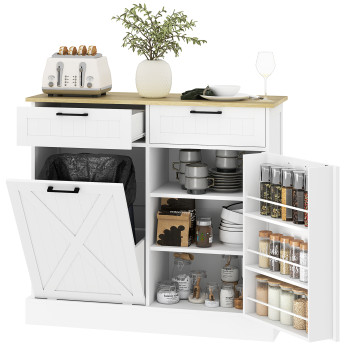 Buffet Luxera meuble cuisine rangement poubelle intégré blanc effet bois clair pratique et élégant