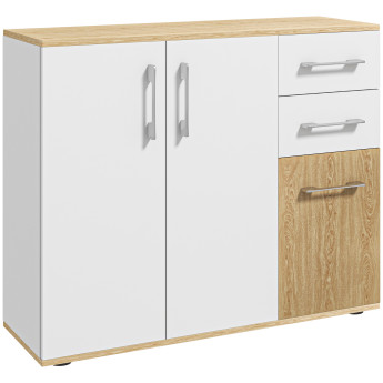 Buffet Elvoria rangement design contemporain bicolore blanc et bois clair pour salon chambre cuisine bureau