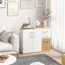 Buffet Elvoria rangement design contemporain bicolore blanc et bois clair pour salon chambre cuisine bureau