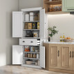 Buffet Vexora rangement élégant moderne blanc cuisine salon design 4 portes tiroir métal noir
