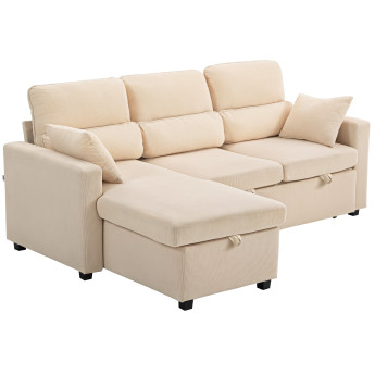Canapé d'angle convertible Ercole velours côtelé rangement intégré chaise longue réversible beige