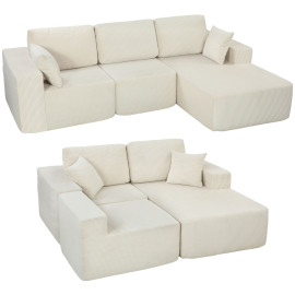 Canapé d'angle Vorderthal modulable convertible en lit velours côtelé confortable et élégant crème