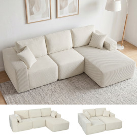 Canapé d'angle Vorderthal modulable convertible en lit velours côtelé confortable et élégant crème
