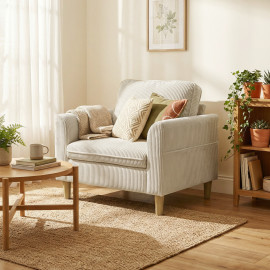Fauteuil Jareth Style Scandinave Velours Côtelé Beige Confort Compact 120kg