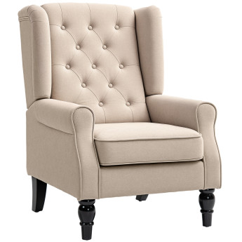Fauteuil Fastrada Style Chesterfield Capitonné Bois Noir Tissu Beige 74x86x102 cm