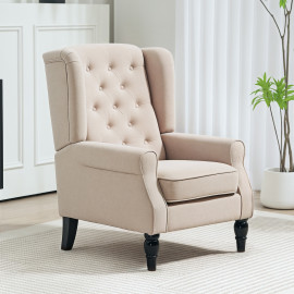Fauteuil Fastrada Style Chesterfield Capitonné Bois Noir Tissu Beige 74x86x102 cm