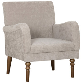 Fauteuil Ourval élégant confortable en tissu taupe clair pieds bois massif
