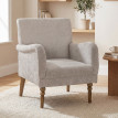 Fauteuil Ourval élégant confortable en tissu taupe clair pieds bois massif