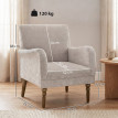 Fauteuil Ourval élégant confortable en tissu taupe clair pieds bois massif