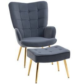 Fauteuil Kaltenbach Design Oreilles Repose-Pieds Élégant Gris Doré Confort Luxe
