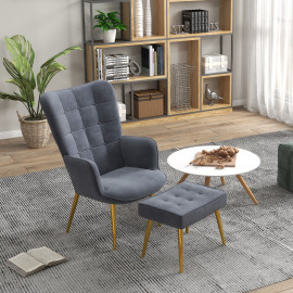 Fauteuil Kaltenbach Design Oreilles Repose-Pieds Élégant Gris Doré Confort Luxe