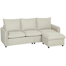 Canapé Lézeval 3 Places Pouf Coffre Tissu Confortable Blanc Cassé Modulable
